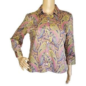 CHAPS Shirt Womens Petite Large Button Up Blouse Top Paisley No Iron Pink    T42